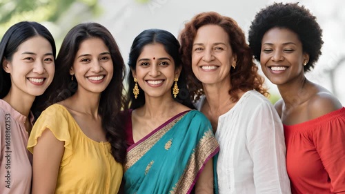 A diverse group of women showcasing a blend of cultural and modern styles, radiating joy and smiles