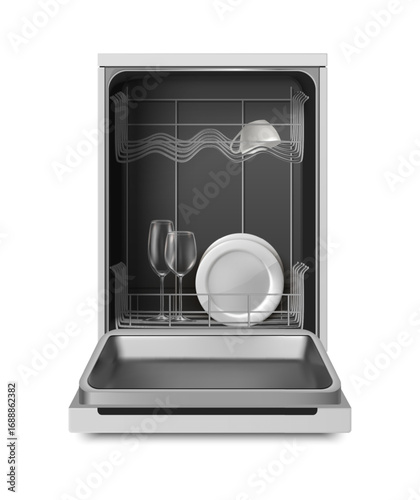 3d realistic vector illustration. Open dishwashing machine with white plates and glasses inside. Isolated on white background.