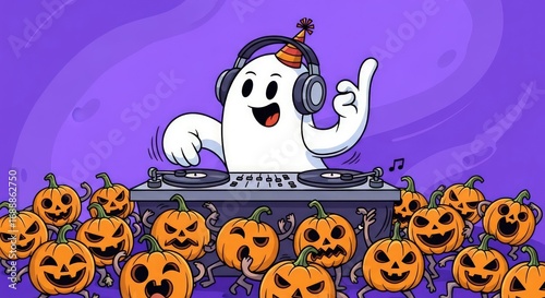 Happy DJ Ghost Spining Tunes with Pumpkins for a Halloween Dance Party Celebration