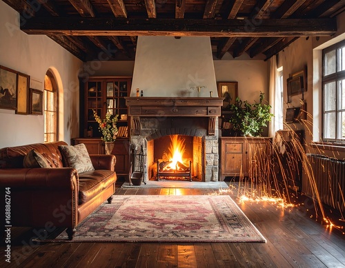 Cozy rustic living room with a warm fireplace, leather sofa, and wooden beams