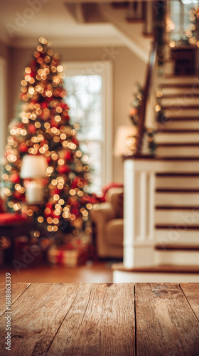 Cozy living room with beautifully decorated Christmas tree in background, featuring warm lights and ornaments, creates festive atmosphere. wooden table in foreground adds rustic touch
