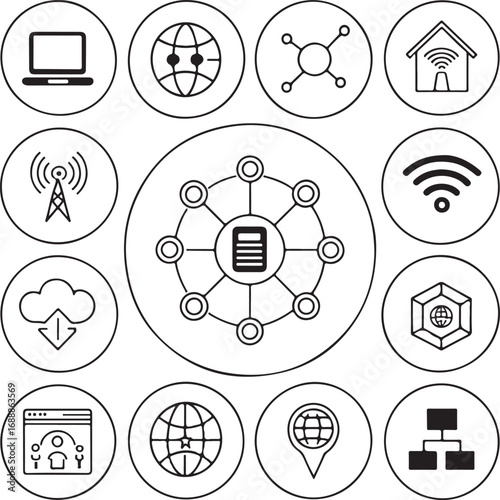 Network and Connectivity Icons: WiFi, Global Network, Tablet, and Data