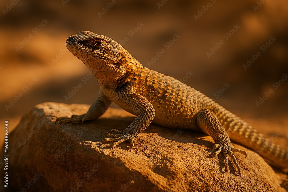Obraz premium Sun-kissed lizard basks on warm rock, showcasing intricate scales and ancient reptilian charm