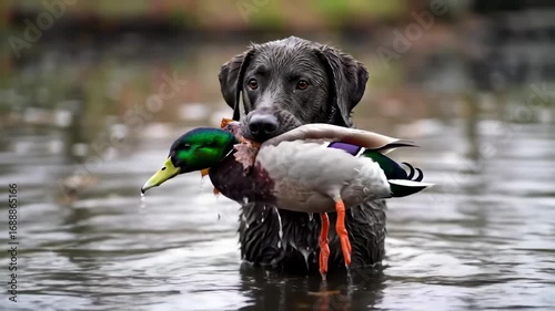 Retriever dog with duck in mouth, standing in water for hunting and sport game concept, training 