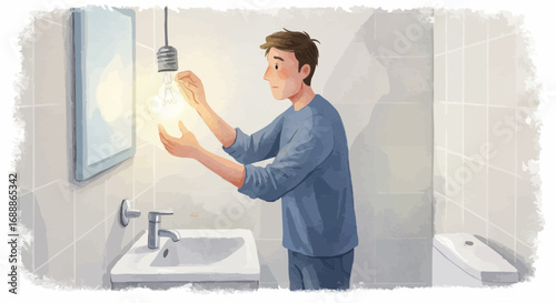 Man replacing lightbulb in bathroom while standing by sink  