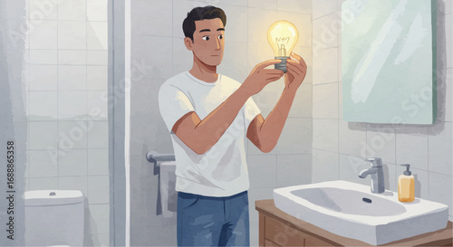 Man changing light bulb in bathroom while looking at the mirror  