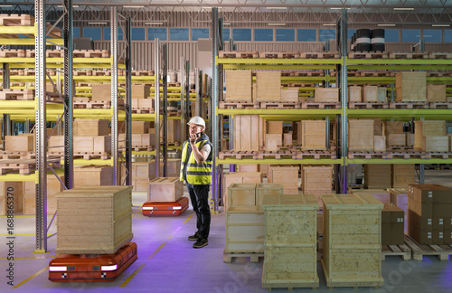 Man works in warehouse with robots. AGVs drive around hangar with containers. AMR for warehouse automation. Storekeeper with radio in robotic storage. Man works on warehouse automation