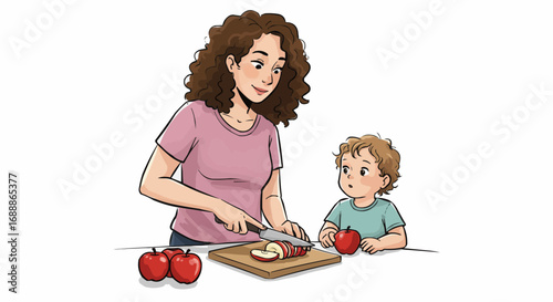 Woman slicing apples for toddler while smiling in a kitchen  