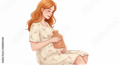 Pregnant woman sitting and holding a hot water bottle at home  