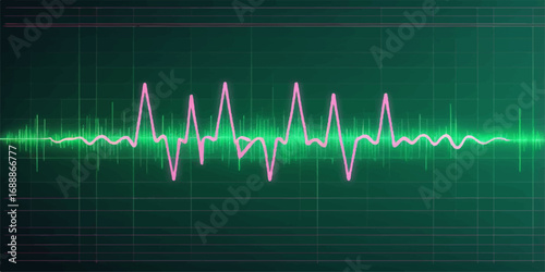 Medical illustration of an EKG heartbeat on a monitor showing a cardiogram wave with a pulsating line
