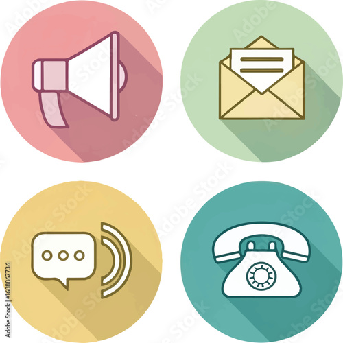 Communication Icons: Phone, Messaging, Megaphone, and Email