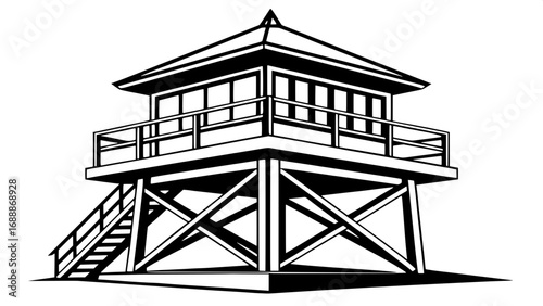 Geometric minimalist drawing of a lookout tower, railing, peaked roof, triangular supports, bold black silhouette, symmetrical and clean.