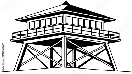 Geometric minimalist drawing of a lookout tower, railing, peaked roof, triangular supports, bold black silhouette, symmetrical and clean.