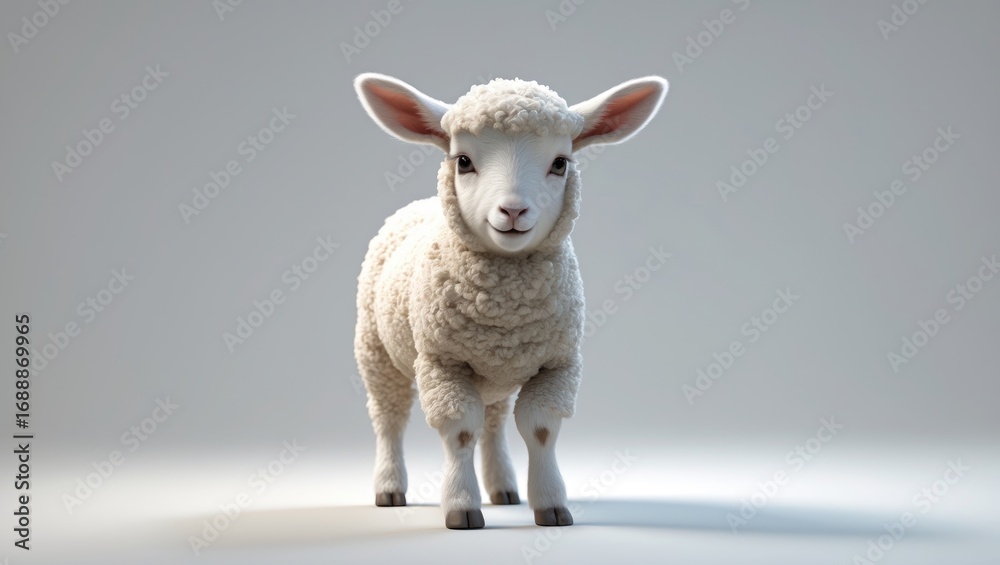 Fototapeta premium A young sheep standing on a plain surface with a neutral background.