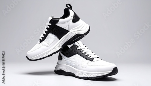White and black athletic shoes on a light gray background