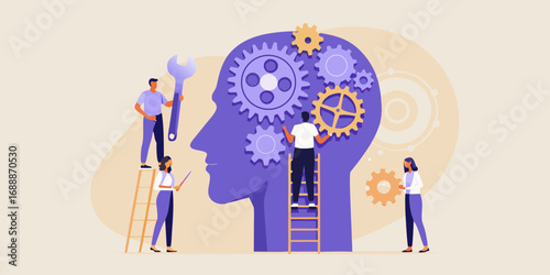 Team of people working together to build and repair gears inside a large human head silhouette representing the mind