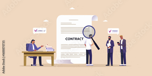 Business professionals reviewing a contract document with a magnifying glass and discussing terms