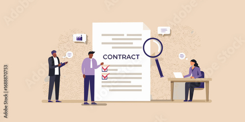 Business professionals reviewing and signing a contract agreement with a magnifying glass and checklist