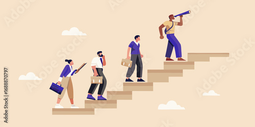 Diverse team of professionals climbing stairs towards a bright future with one person looking through a telescope