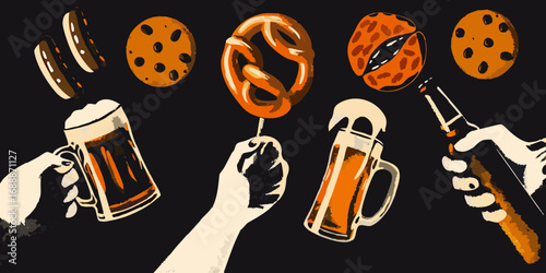 Hands holding beer mugs pretzel cookies and a bottle of beer against a dark background