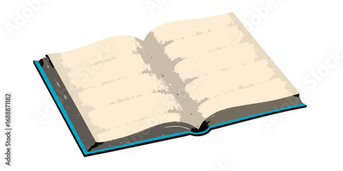 Open book with blank pages and a blue spine on a white background