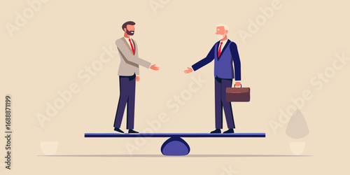 Two businessmen on a scale shaking hands representing balance and equality in business partnerships