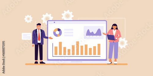 Business professionals presenting data analytics and financial charts on a laptop screen with gears in the background
