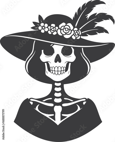La Calavera Catrina for Dia de los Muertos, a Sugar Skull Woman Vector Illustration with a Transparent Background