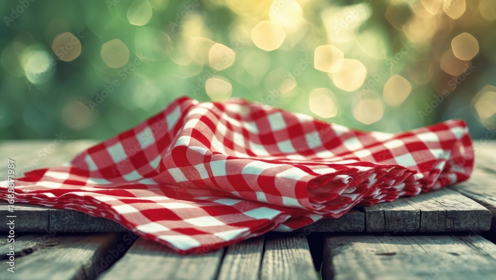 Obraz premium Red and white checkered cloth on wooden surface with bokeh lights in background.