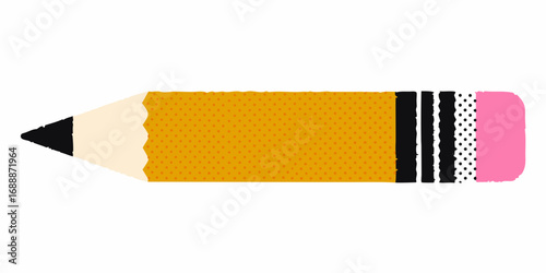 A stylized yellow pencil with orange polka dots and a pink eraser on a white background