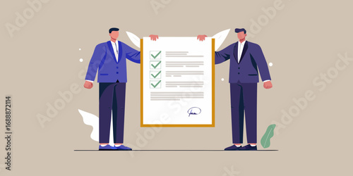 Two businessmen in suits holding a completed checklist document with green checkmarks and a signature