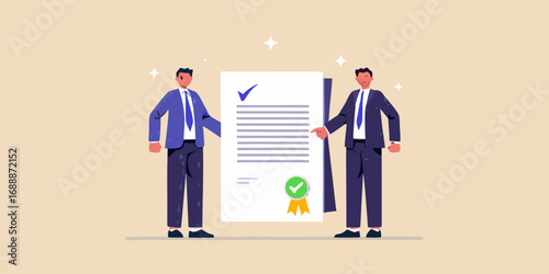 Two businessmen in suits proudly presenting a certified document with a green checkmark and ribbon seal