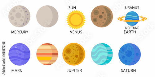 Collection of colorful cartoon planets and the sun labeled with their names in a simple flat design