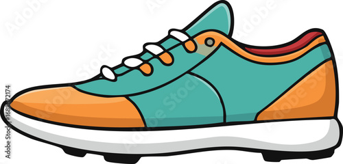 A teal and orange athletic shoe with white laces and a white sole, shown from the side.