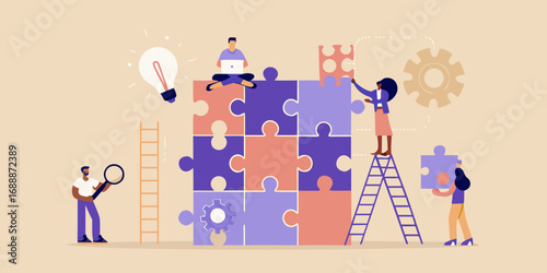 Diverse team collaborates to build a complex puzzle symbolizing teamwork innovation and problem solving