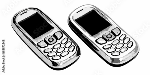 Two vintage mobile phones with physical buttons and black screens on a white background