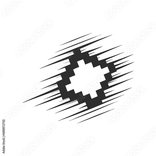 Abstract Stepped Shape Black Icon with Speed Lines on White Background