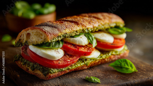 Close-up of a fresh Caprese sandwich with mozzarella, tomato, basil, and pesto on crispy ciabatta bread, captured on a rustic wooden board with vibrant natural colors