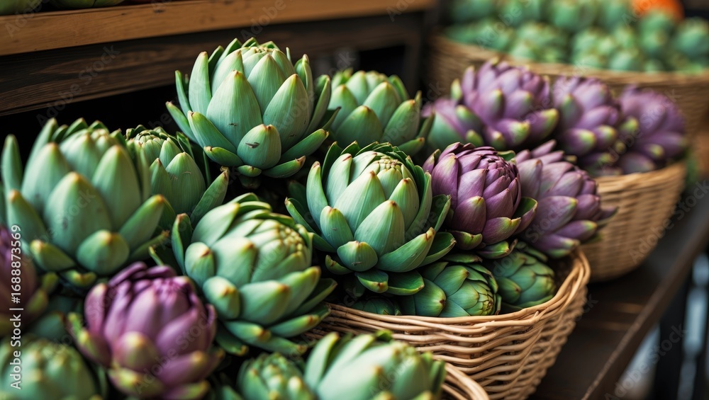 Obraz premium Cluster of green and purple succulents in wicker baskets on display.