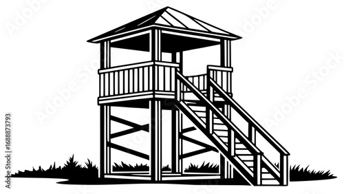 Simple wood tower silhouette illustration, black ink style, no shading, symmetrical frontal perspective, railing and peaked roof clearly defined.