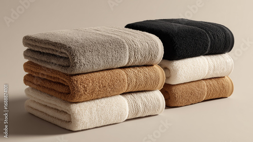 four towels stacked on top of each other, one in black and brown colors