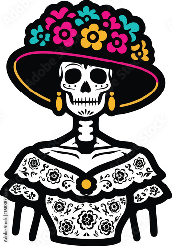 La Calavera Catrina for Dia de los Muertos, a Sugar Skull Woman Vector Illustration with a Transparent Background