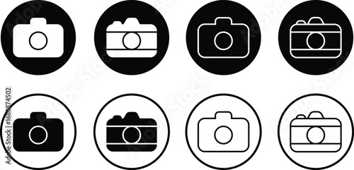 Camera icon set collection group in black flat and line style, photography device symbol pack, photo capture shoot equipment bundle, isolated on transparent background, vector illustration