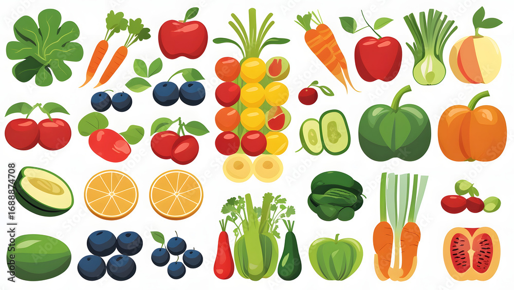 Obraz premium Fresh Fruits and Vegetables: A colorful collection of fresh produce, including crisp apples, juicy oranges, ripe avocados, and other fruits and vegetables, illustrating healthy eating.