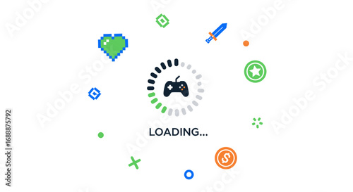 Video Game Loading Screen with Pixel Art Icons and Gamepad.