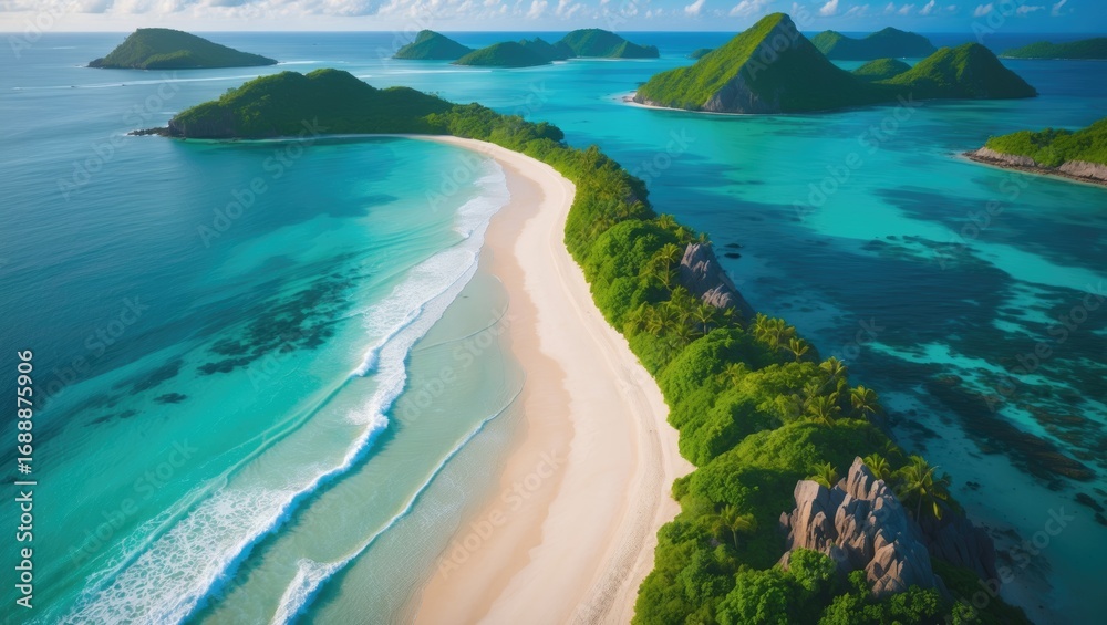 Obraz premium Aerial view of a tropical island with white beaches, turquoise waters, and lush green hills, showcasing a stunning coastal landscape.