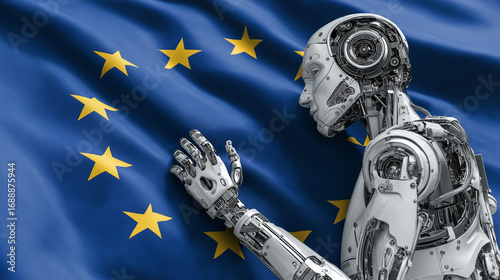 European union ai integration robot automation technology and eu flag image