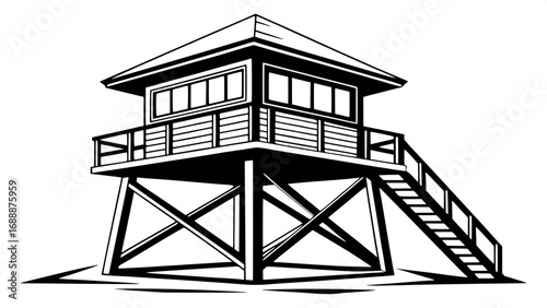 Flat black icon of a lookout tower, peaked roof, platform railing, strong triangular wooden supports, centered composition, minimal graphic design.
