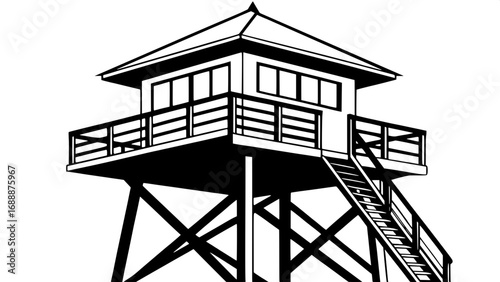Flat black icon of a lookout tower, peaked roof, platform railing, strong triangular wooden supports, centered composition, minimal graphic design.