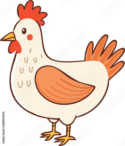 Cartoon illustration of a white chicken with orange accents, standing in a simple, stylized pose.
